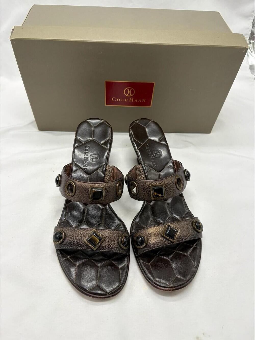 Cole Haan Womens Quilted Bronze Leather Slides Wedge Sandals Slip On Size 7 Box